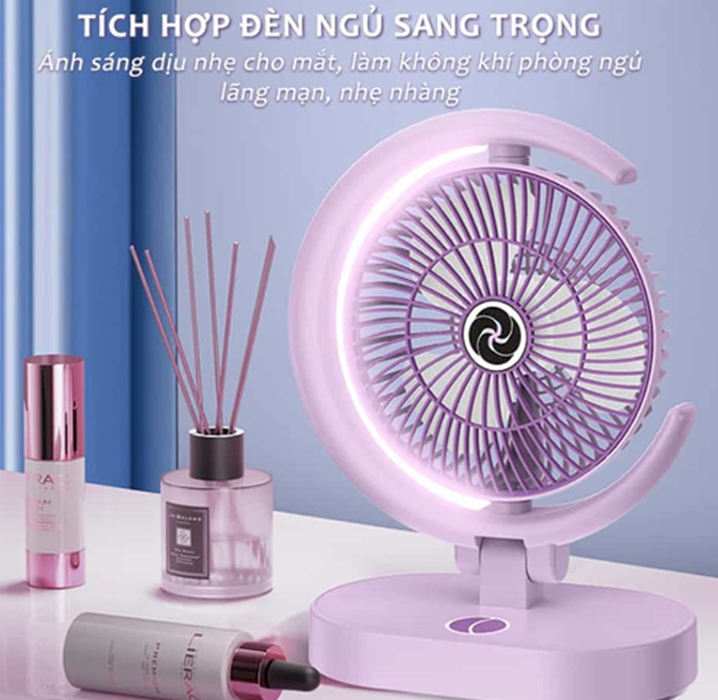 Quạt Để Bàn Tích Điện Mini 3 Cấp Độ Gió Teement, Tích Hợp Đèn Ngủ Động Cơ Không Tiếng Ồn Pin Pin 1200mah , Điều Chỉnh Lên Xuống 360°- Hàng Chính Hãng