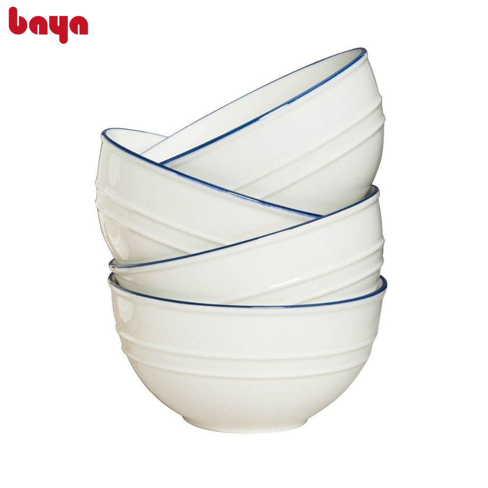 Bộ 4 Tô Mỳ BAYA REGATTA Chất Sứ Trắng Tráng Men Viền Màu Xanh Giúp Làm Đẹp Bàn Ăn Gia Đình 6000353