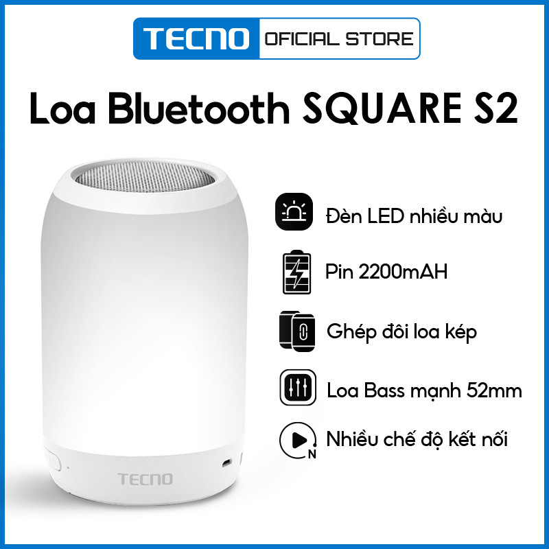 Loa Bluetooth TECNO SQUARE 2 | Loa Bass mạnh 52mm | Ghép đôi loa kép | Pin 2220 mAh | Đèn Led nhiều màu - Hàng Chính Hãng 