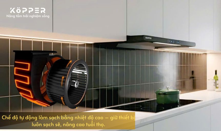 Kopper Hút Mùi Thông Minh Model KP-T22 Hút Khỏe Có Sấy Dầu Tự Động Quạt Li Tâm Cánh Thép Động Cơ Đồng Màn Hình Cảm Ứng Tiếng Ồn < 50 dB KP-T22 Hàng Chính Hãng