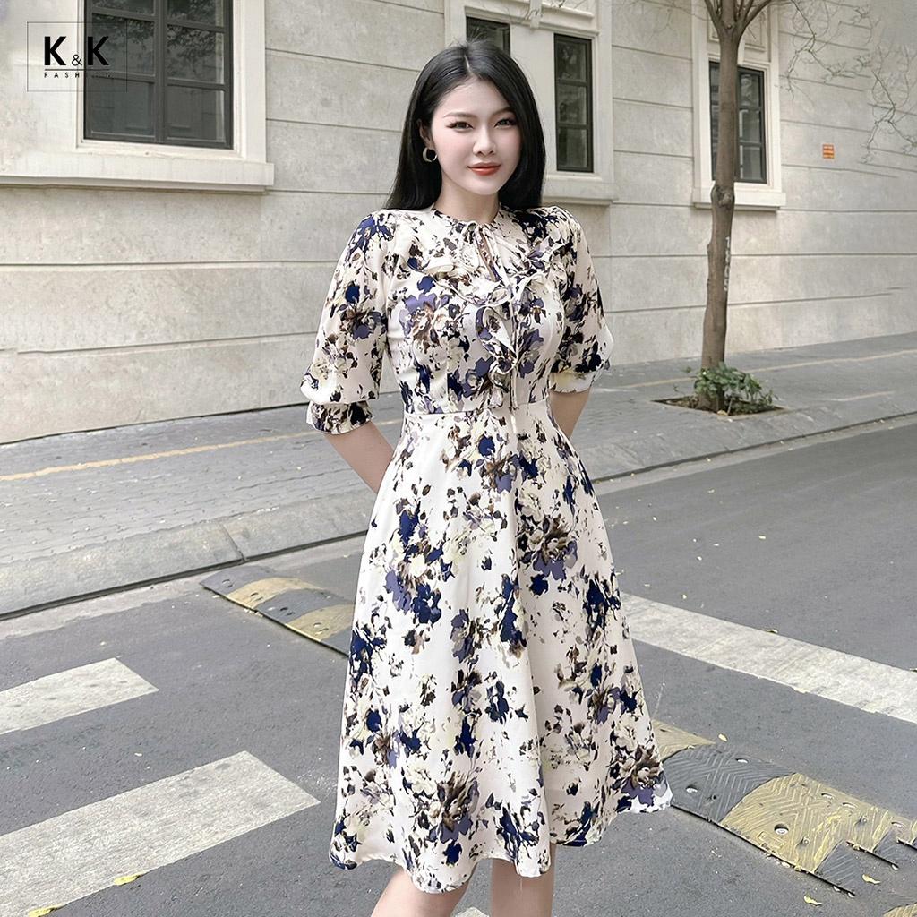 Đầm Xòe Hoa Phối Nơ Viền Bèo K&amp;K Fashion KK116-39 Chất Liệu Silk
