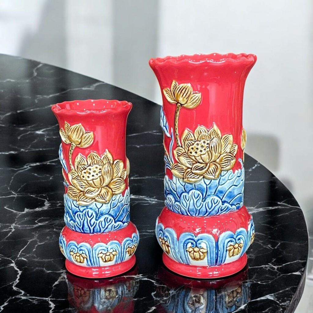 Bộ đồ thờ RỒNG VIỆT men đỏ sen đắp nổi Bát Tràng tinh xảo, hoàn hảo cho thờ thần tài và thờ Phật