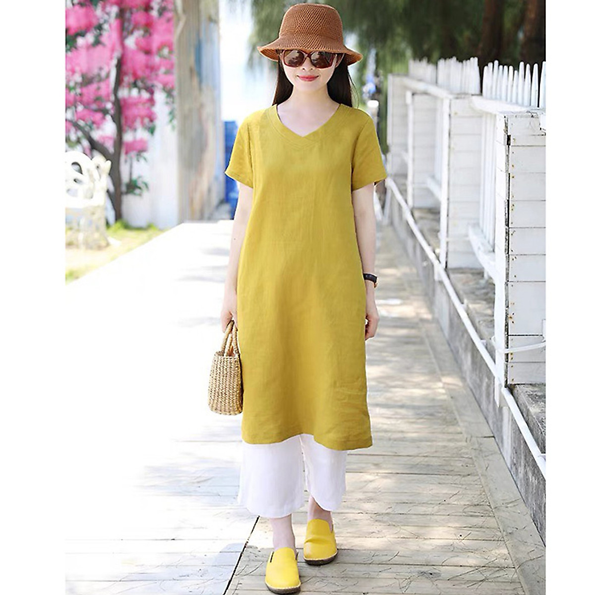 Set Đầm Suông Linen ngắn tay cồ tim kèm Quần ống rộng