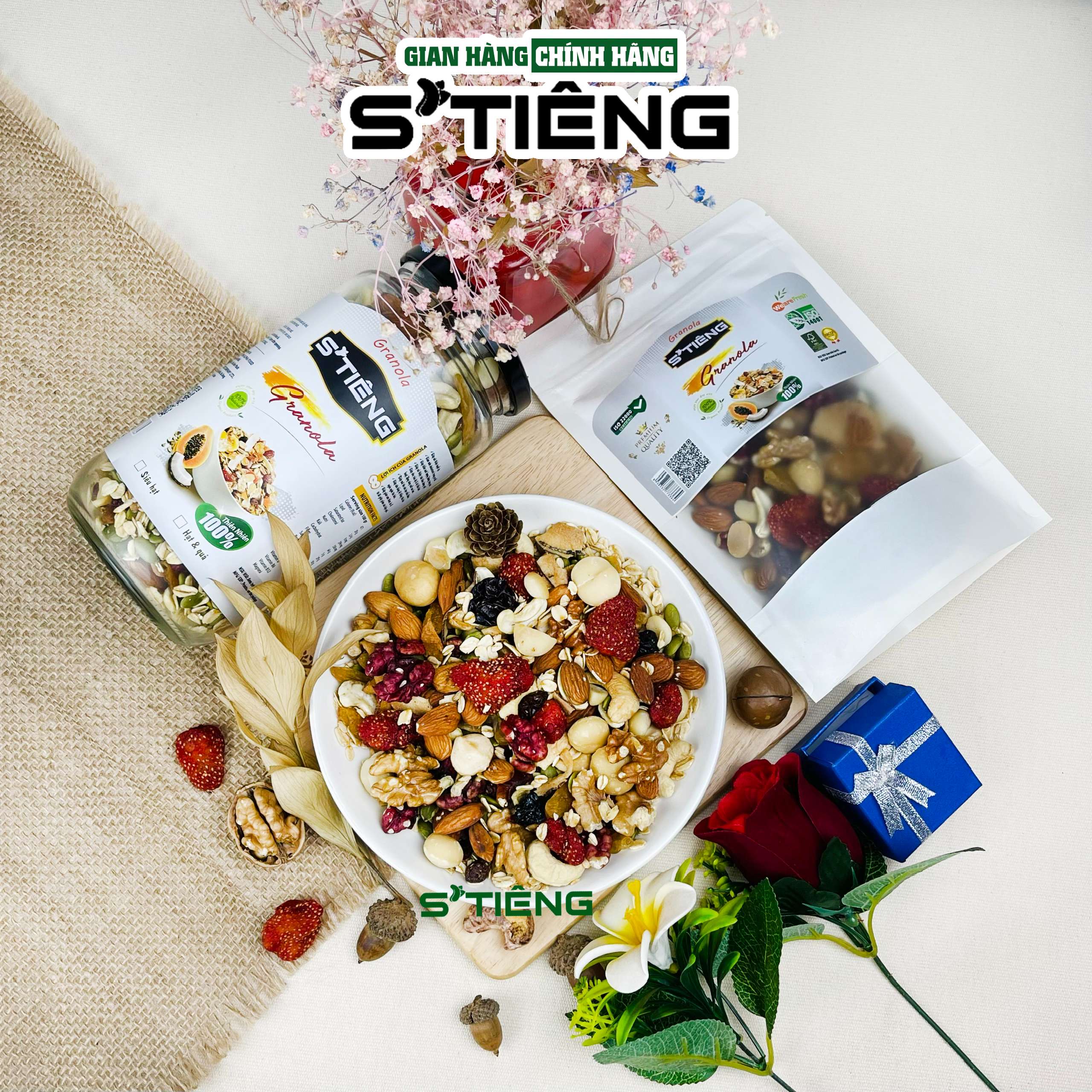 Granola Siêu Hạt & Quả Sấy STIENG, Hạt Dinh Dưỡng Ngủ Cốc Ăn Kiêng Giảm Cân, Hạt Óc Chó, Hạt Macca, Hạt Điều, Hạt Hạnh Nhân, Hạt Bí. Nho Khô