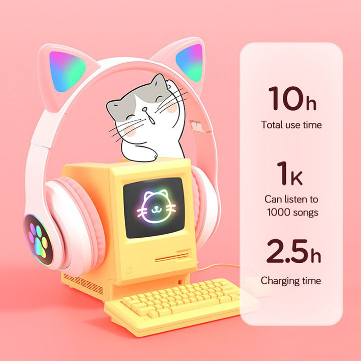 Tai nghe Bluetooth tai mèo đáng yêu có mic đàm thoại cao cấp, tai nghe mèo có đèn phát sáng cute tai nghe tai mèo thời trang, headphone Bluetooth đáng yêu có thể sử dụng khi chơi các tựa game online