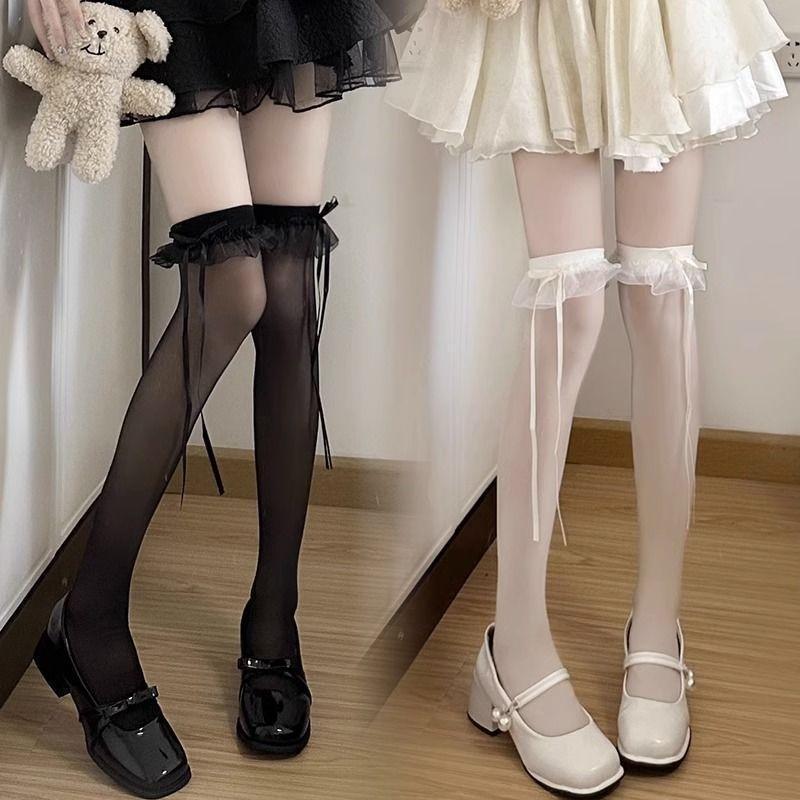 Tất đùi mỏng, tất mỏng bắp chân VIỀN REN ĐÍNH NƠ DÂY DÀI phong cách Lolita NhậtBản quyếnrũ, sang chảnh cho nữ Women