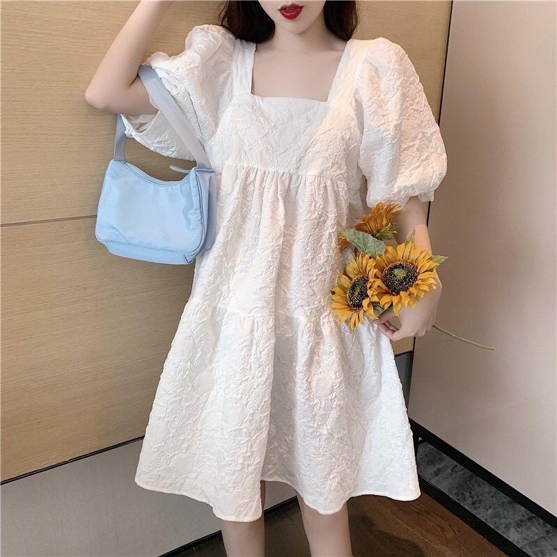 Đầm váy nữ trắng xòe gấm babydoll tay phồng TKN