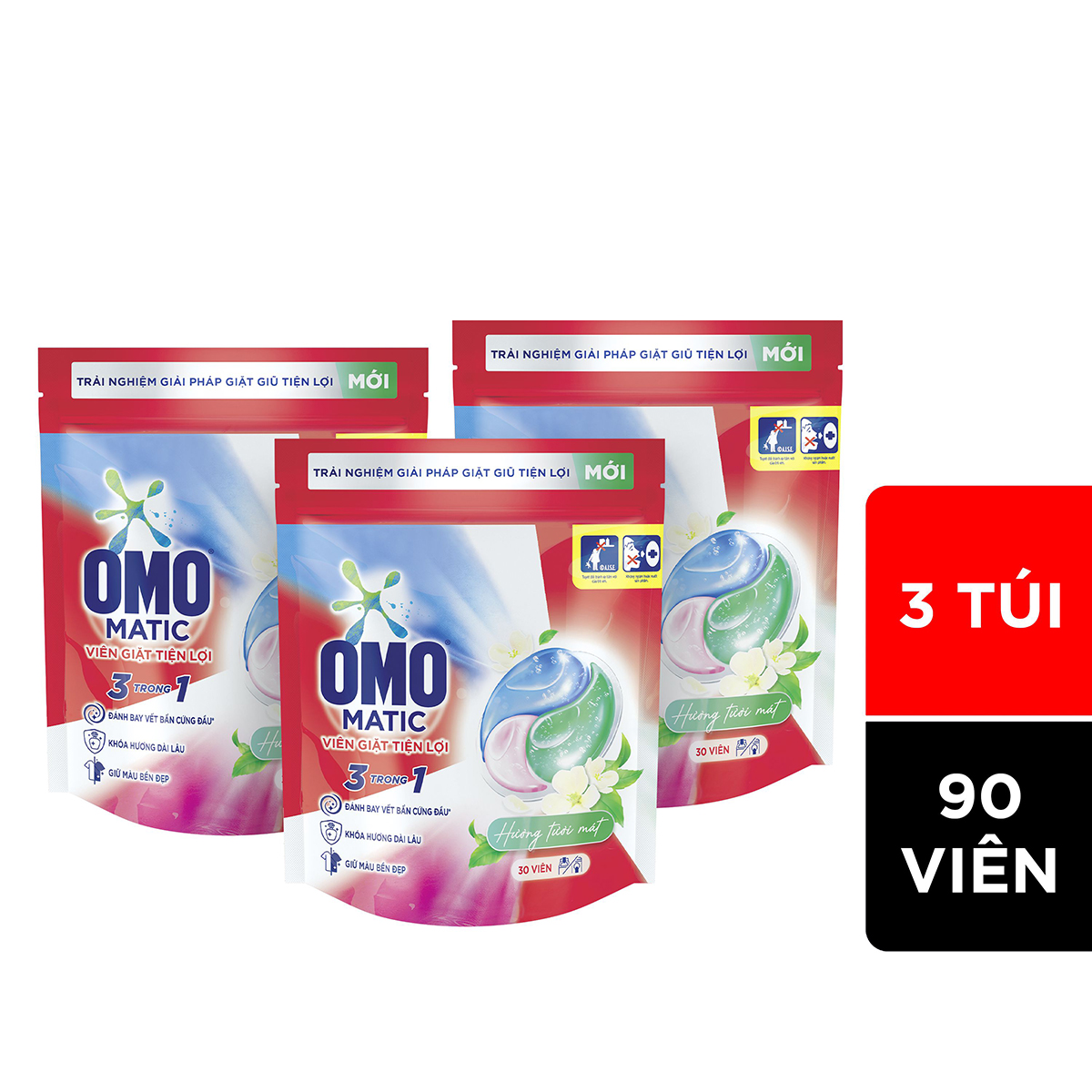 Combo 3 túi viên giặt tiện lợi OMO 3 trong 1 Hương tươi mát (30 viên/túi)