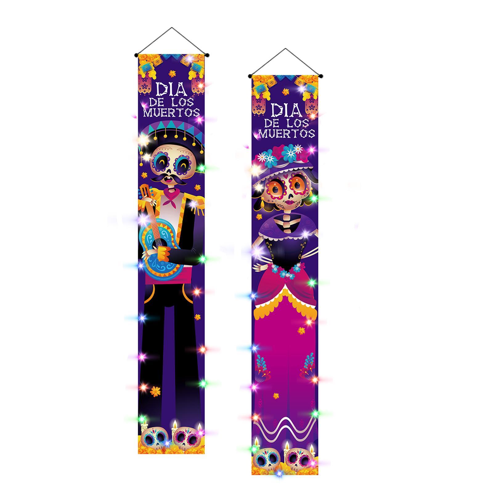 Halloween Banners Mexican Day of The Dead Flag Ornaments Holiday Hanging Banner Decorative Festival Halloween Decorations Lighted Porch Sign