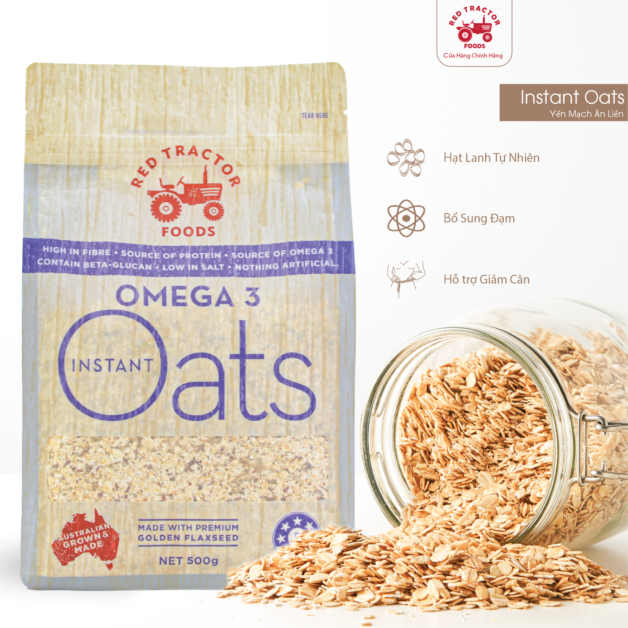 Yến mạch nguyên chất Omega 3 Red Tractor Foods dạng gói 500gr nhập khẩu Úc