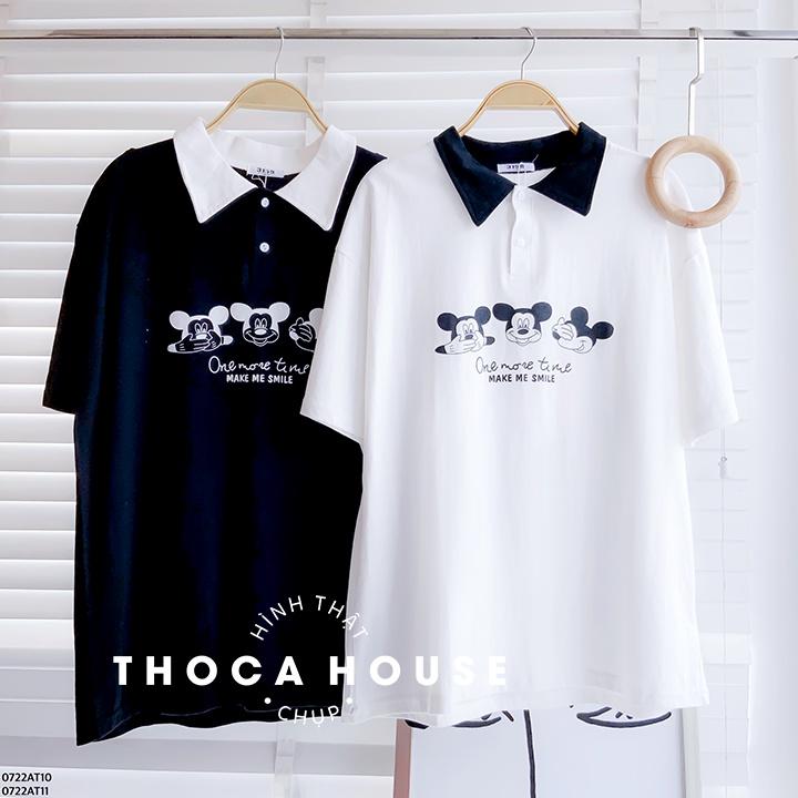 Áo thun polo phông rộng unisex in hình mickey THOCA HOUSE trắng, đen mặc đi làm, đi học
