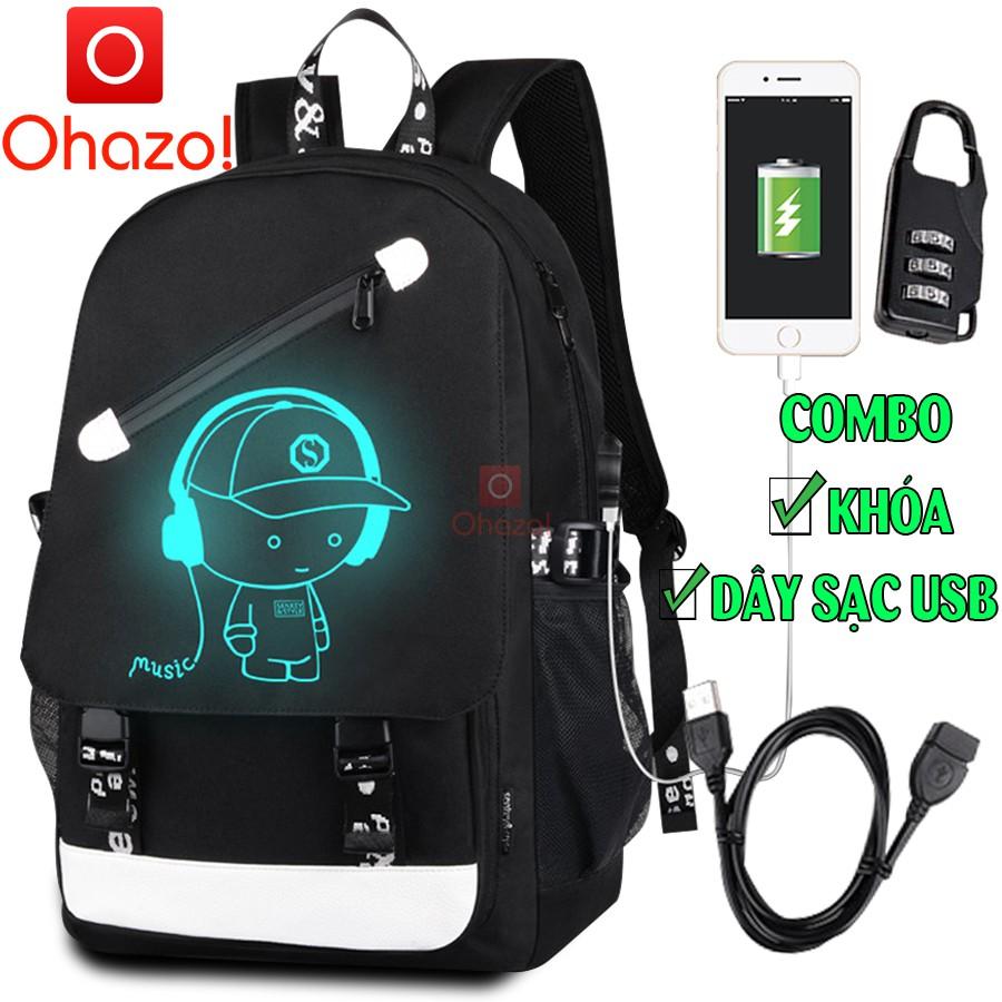 Combo balo đi học dạ quang phát sáng Ohazo! phong cách + Dây cáp sạc USB xịn + Khóa số thông minh siêu HOT trend