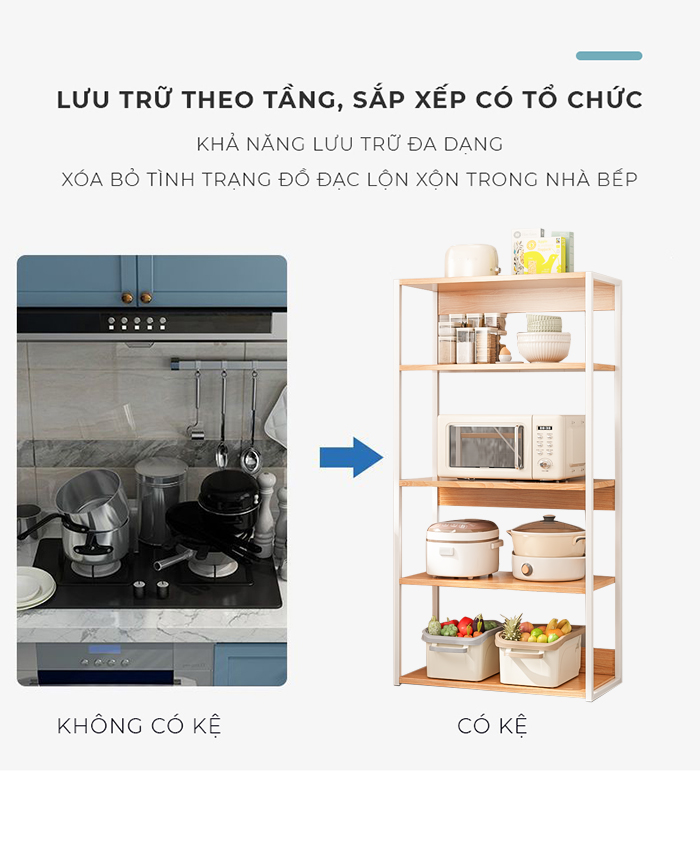 Kệ Đa Năng 5 Tầng Khung Sắt Mặt Gỗ Chắc Chắn Dễ Dàng Lắp Ráp Dùng Cho Nhà Bếp, Sắp Xếp Nhà Cửa, Decor