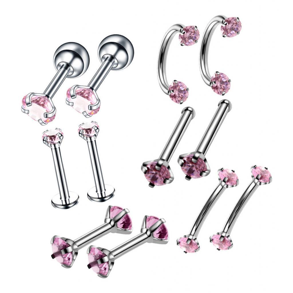 2-7pack 12pcs Stainless Steel Colored Zircon Lip Nose Nail Piercing Jewelry Pink