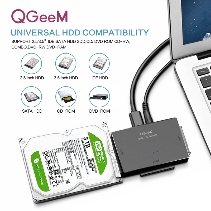 Bộ chuyển đổi QGeeM USB3.0 sang ổ cứng IDE/SATA 2.5 + 3.5 inch cho laptop qua cổng USB-Hàng chính hãng