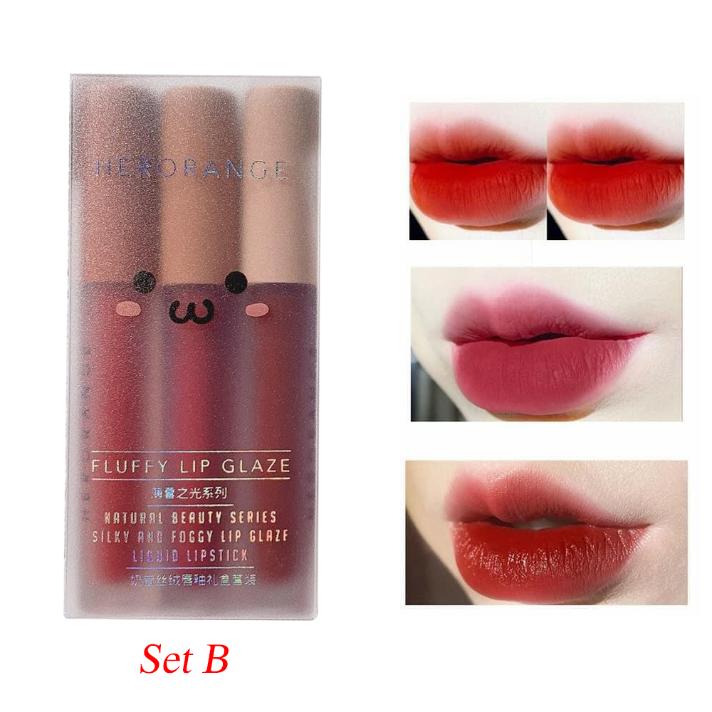 Son Kem Lì HERORANGE Siêu Xinh Mềm - Mịn Mượt - Lâu Trôi - An Toàn Fluffy Lip Glaze SET 3 Cây - Set A &amp; B - Hàng AUTH