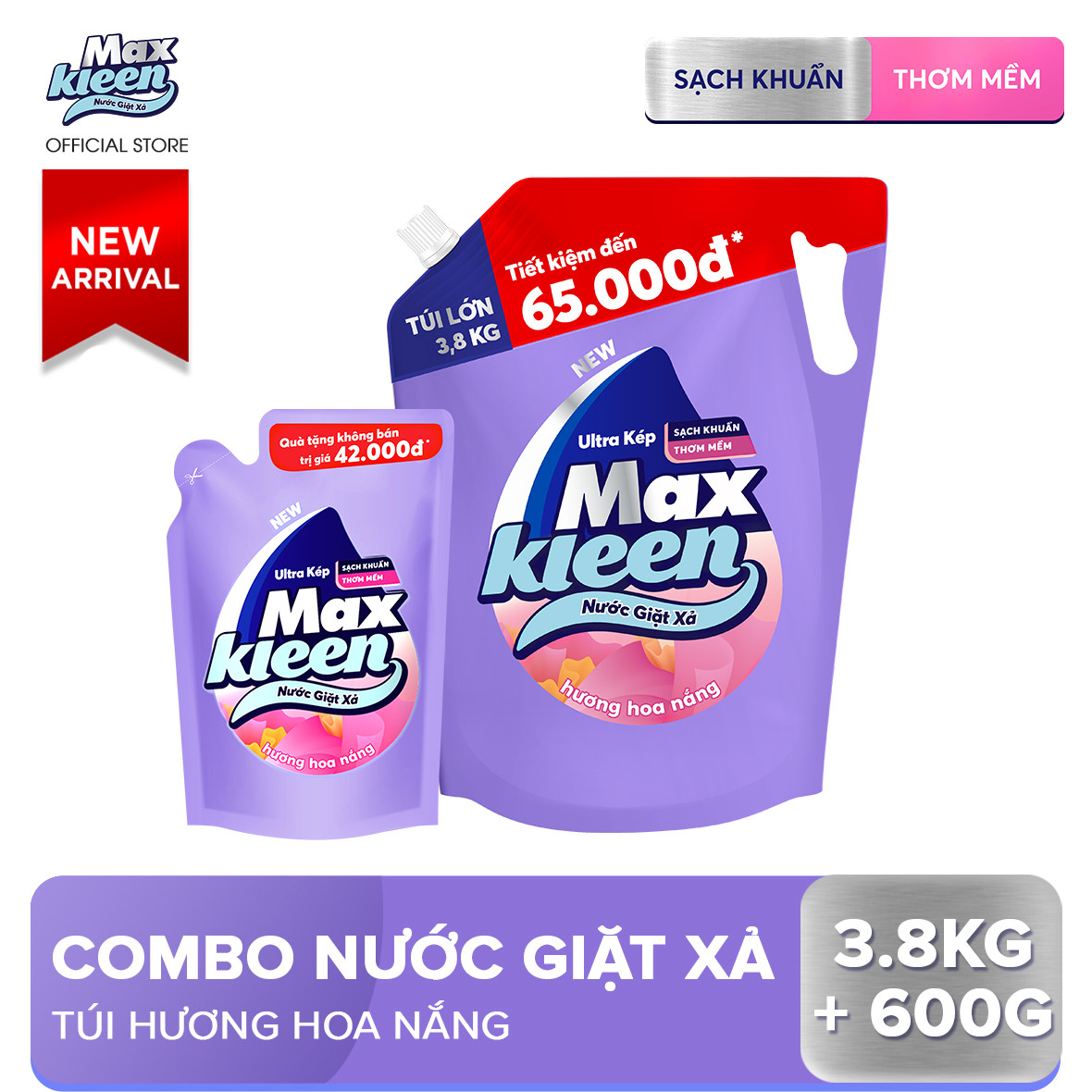 Combo Nước giặt xả Maxkleen hương hoa nắng: 1 Túi 3.8kg + 1 Túi 600g