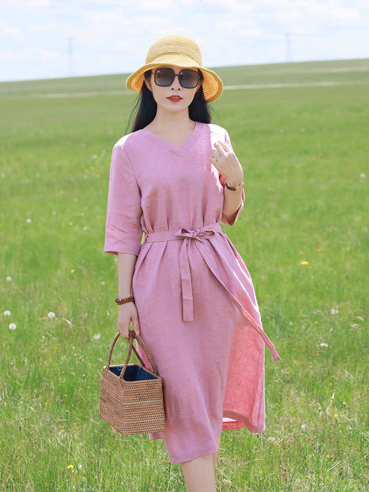 Đầm suông linen nữ cổ V, thiết kế trơn basic, thời trang nữ thanh lịch, nhẹ nhàng NH198 hồng