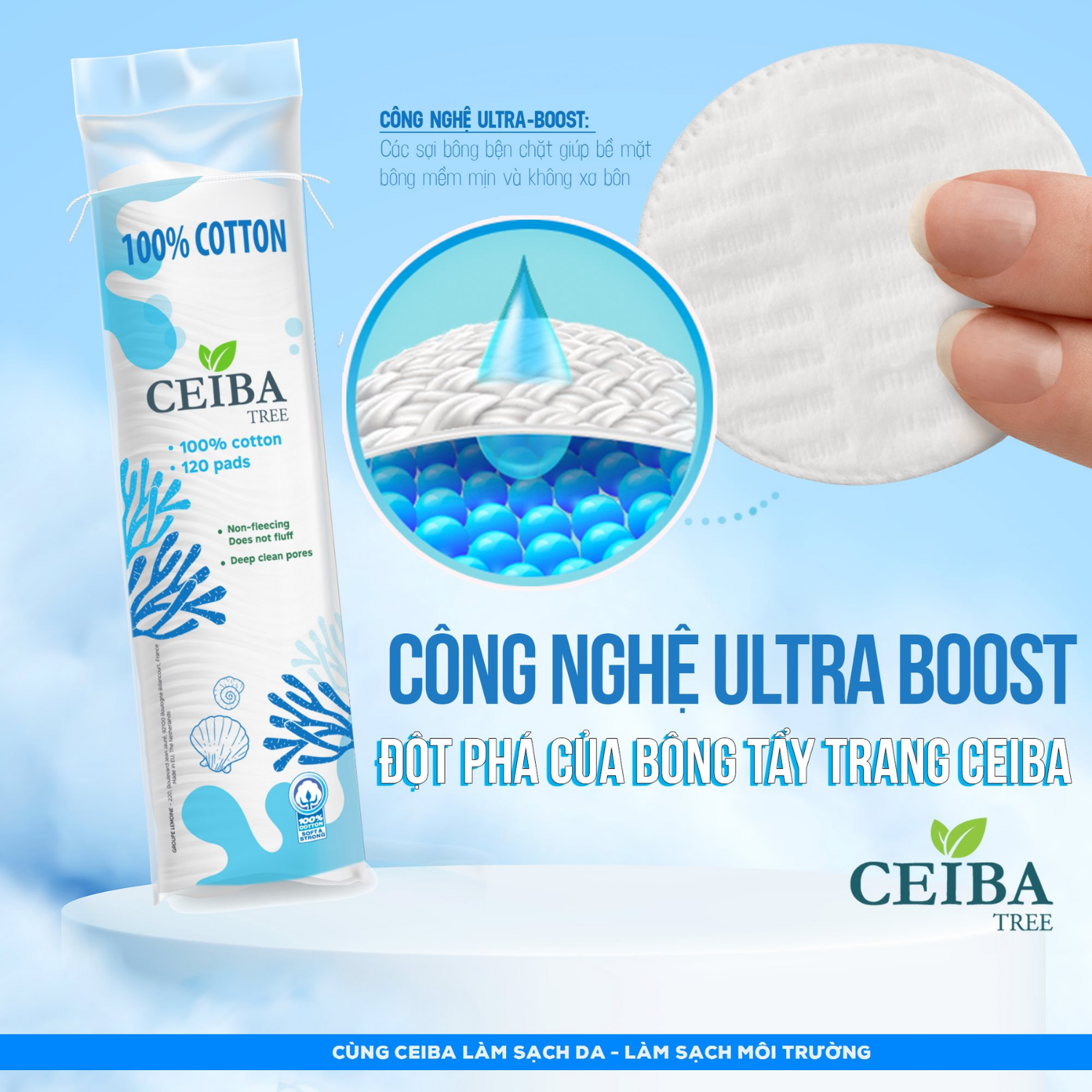 Bông Tẩy Trang Ceiba Tree Organic Pháp 100% Chất Liệu Cotton 80 Miếng