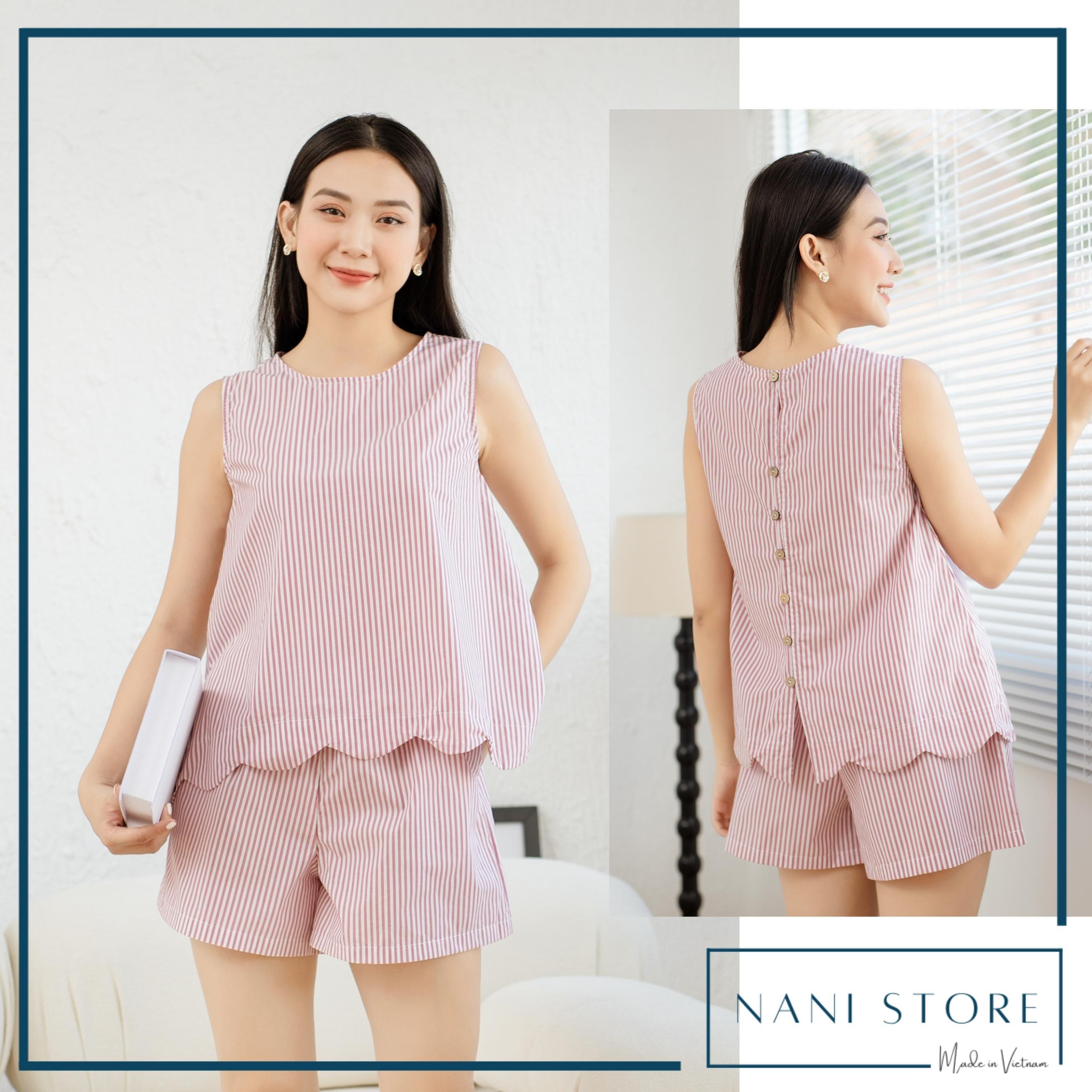 Đồ bộ đùi không tay bèo sọc đỏ rượu NS220905