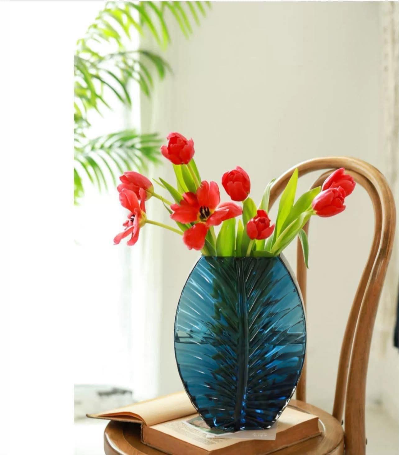 Lọ hoa thủy tinh phong cách Bắc Âu màu xanh Biển Hàng chính hãng