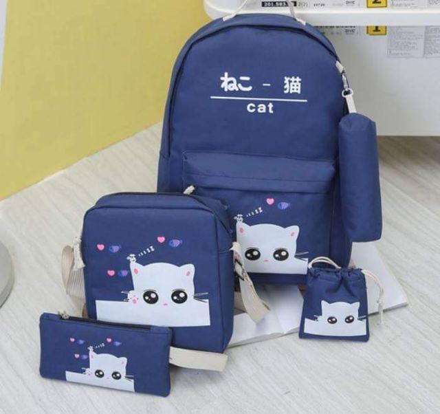 Bộ 5 món balo, balo nữ, balo teen, balo giá rẻ, balo học sinh, balo Hàn Quốc, balo mèo cat, balo dáng đẹp,chất lượng tốt