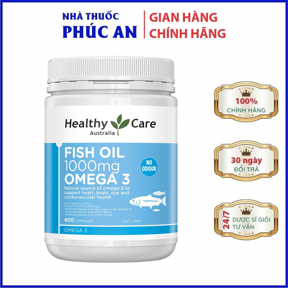 Viên uống dầu cá Omega 3 Healthy Care Fish Oil 400 viên giúp bổ não, tim mạch, huyết áp