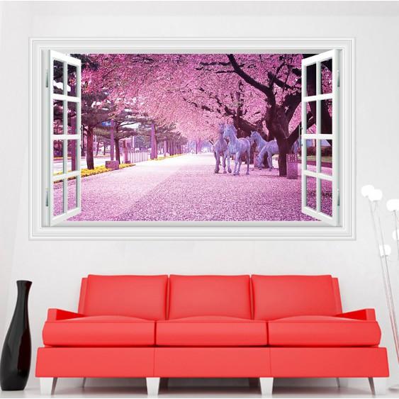 Decal trang trí khung cửa sổ 3D cảnh Ngựa Trắng và Hoa Anh Đào