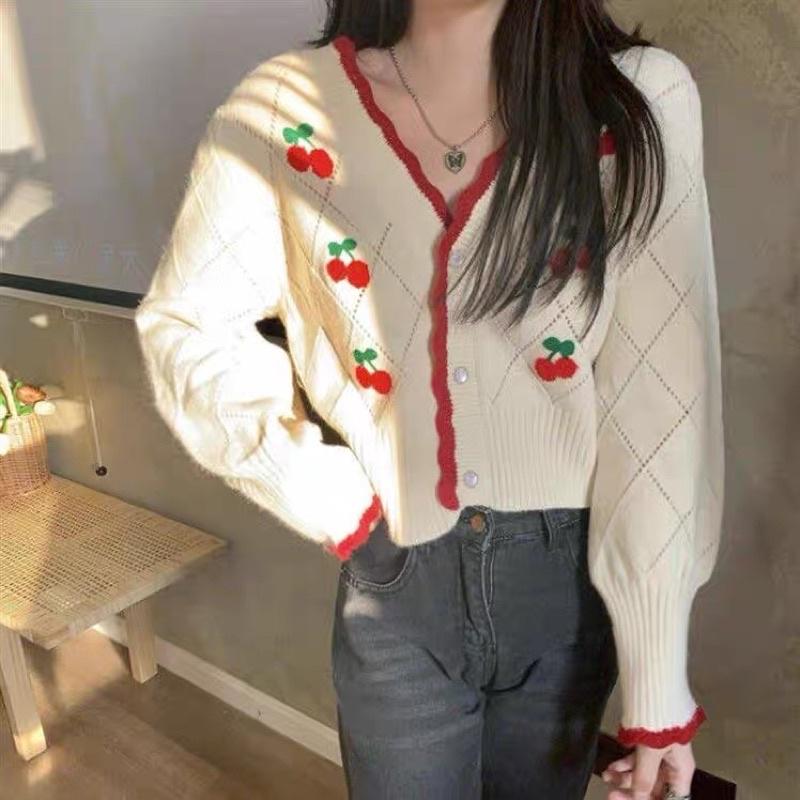Áo Khoác Cardigan Nữ Dáng Ngắn Len Đan Thêu Cherry (ẢNH THẬT+VIDEO)