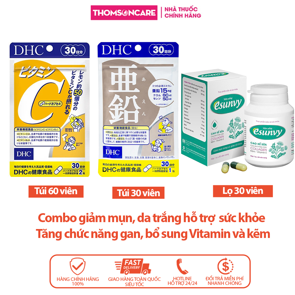 Combo cho người bị mụn, nóng trong - viên Esunvy 30v, Vitamin C DHC 60v, DHC Kẽm 30v đẹp da, giảm thâm giảm mụn trứng cá  tăng cường sức khỏe , bổ sung Vitamin và kẽm  - Thomsoncare