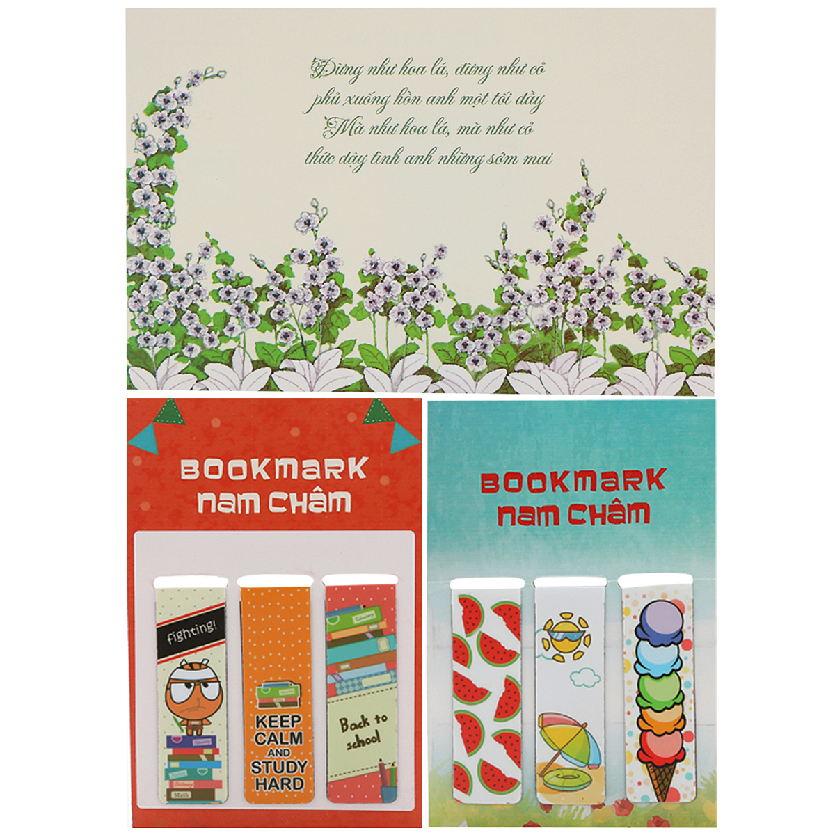 Combo Bookmark Nam Châm Bộ 3 Kid &amp; School (Tặng Kèm Postcard Bài Tứ Tuyệt Số 1)