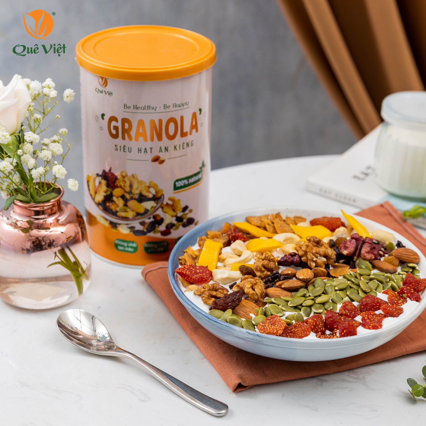 Granola siêu hạt ngũ cốc ăn kiêng Quê Việt, nguyên liệu hữu cơ - combo 5 hộp x 500g/hộp