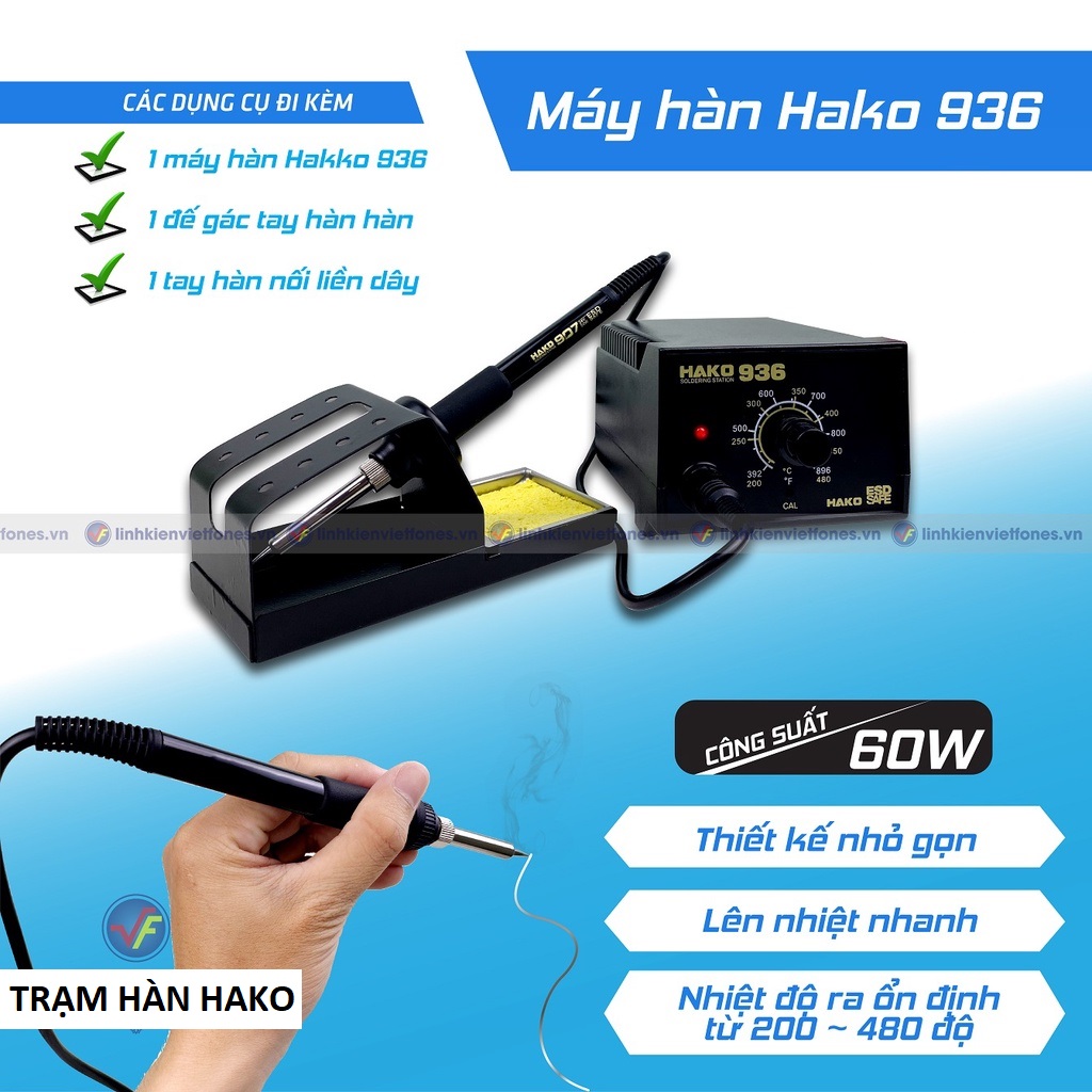 Bộ mỏ hàn thiếc chỉnh nhiệt, bộ trạm hàn hako 936 loại xịn lõi đồng siêu bền gia nhiệt nhanh