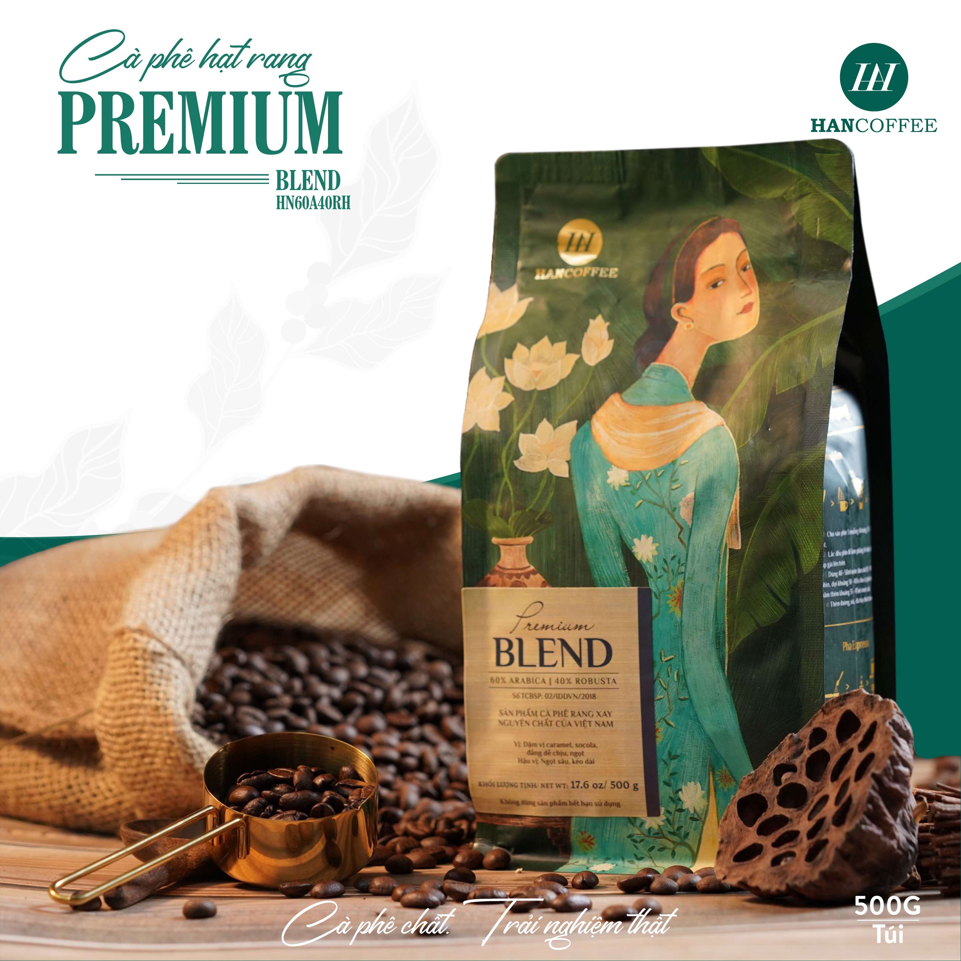 Cà Phê Pha Máy HANCOFFEE Espresso Hạt Rang Nguyên Chất Premium Blend Đậm, Đắng Dễ Chịu Túi 500g - HN60A40RH