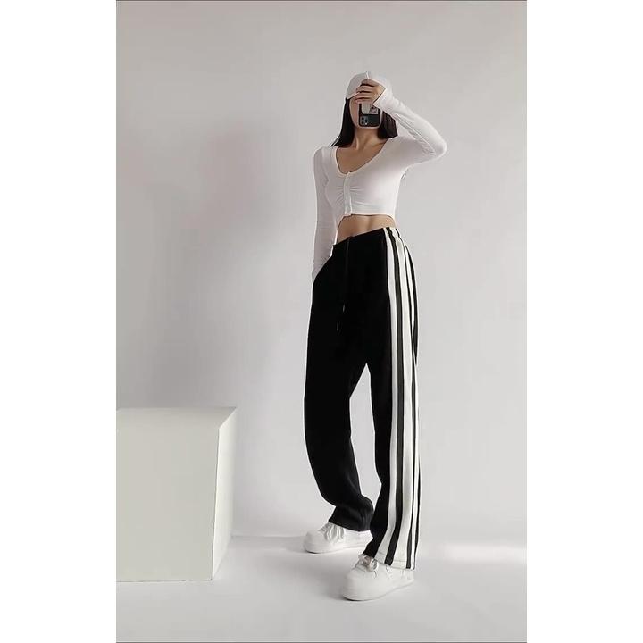 Quần Ống Rộng Nữ Zinti Cạp Thun Culottes Chất Poly Viền Kẻ To 2 Bên Họa Tiết Trơn Đen Viền Trắng QD37