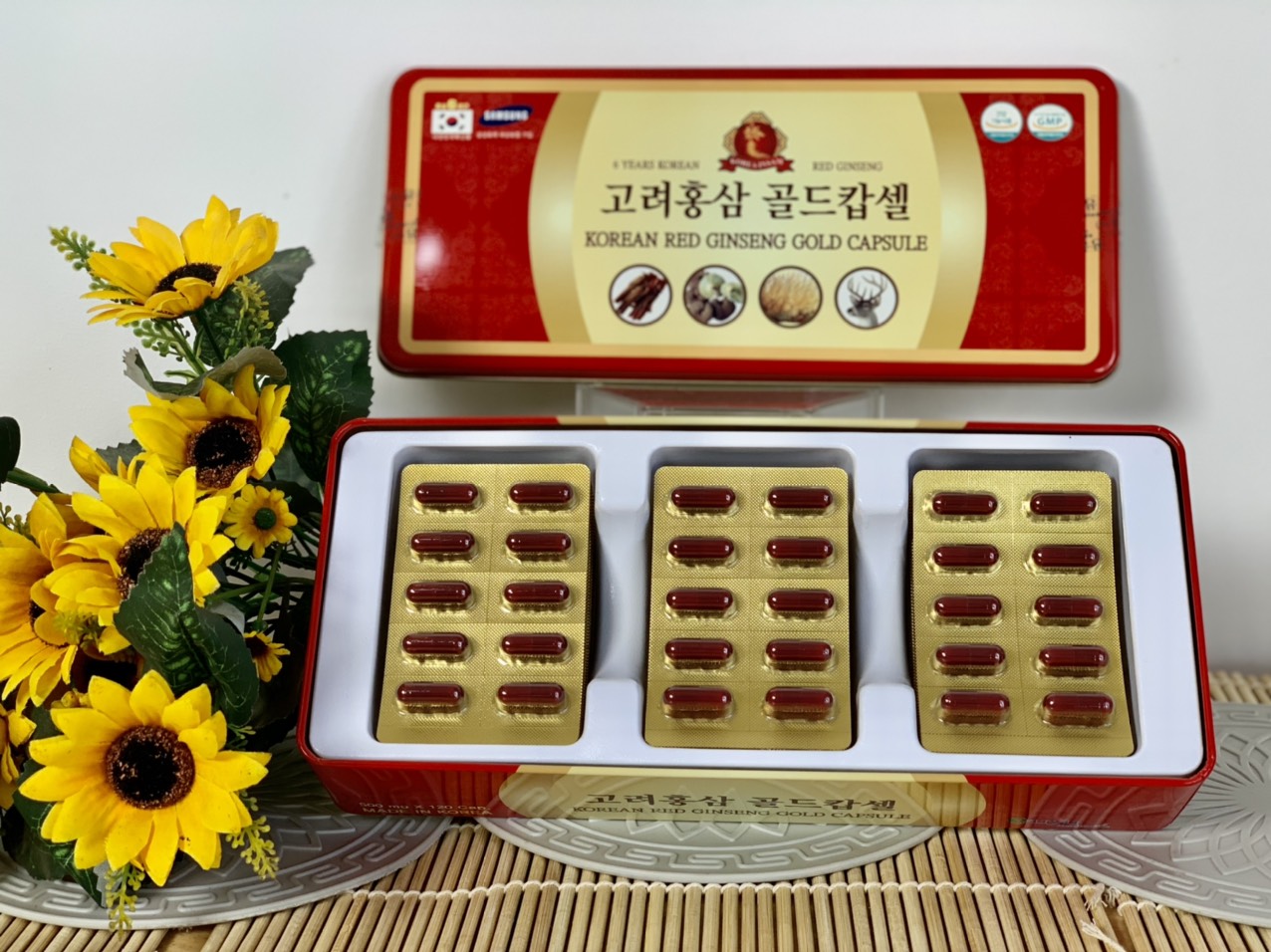 Viên Hồng Sâm Korea Red Ginseng Gold Capsule Đông Trùng Hạ Thảo kết hợp Nấm Linh Chi và Nhung Hươu date 2025 tăng cường sức khỏe,giảm mệt mỏi,tăng cường sinh lực.(hộp 120v). Tặng kèm 1 hộp kẹo Sâm mềm Hàn Quốc 200g