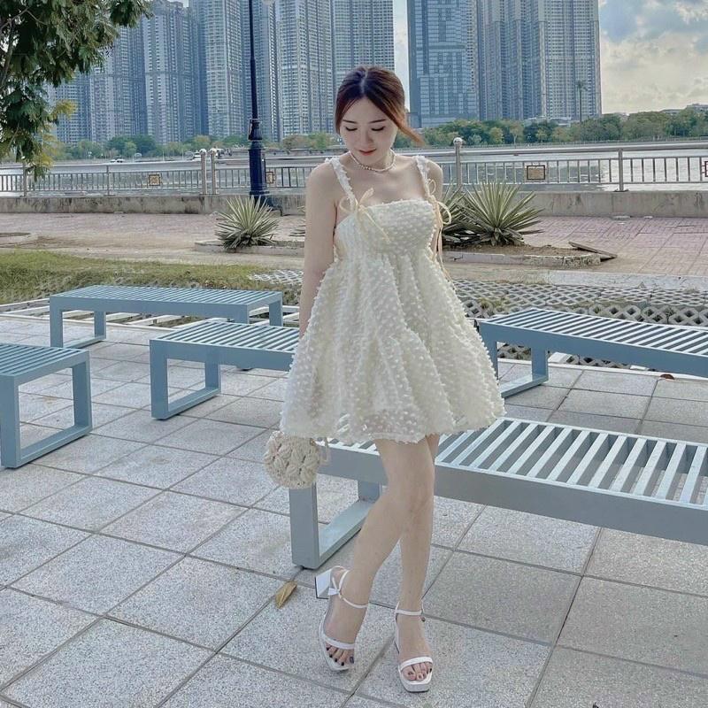 Đầm xoè xô bông 2 dây phối nơ xinh xắn