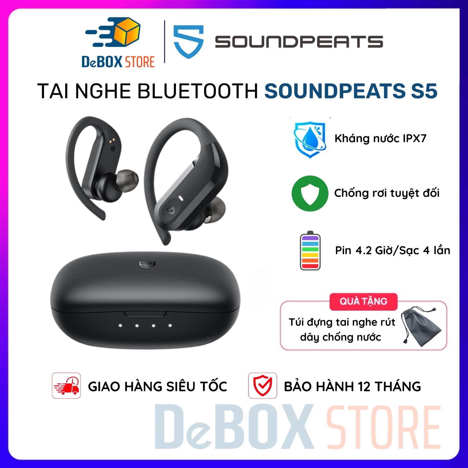 Tai Nghe True Wireless Thể Thao Earbuds SoundPEATS S5, Chống thấm nước IPX7, Driver 12mm - Hàng Chính hãng