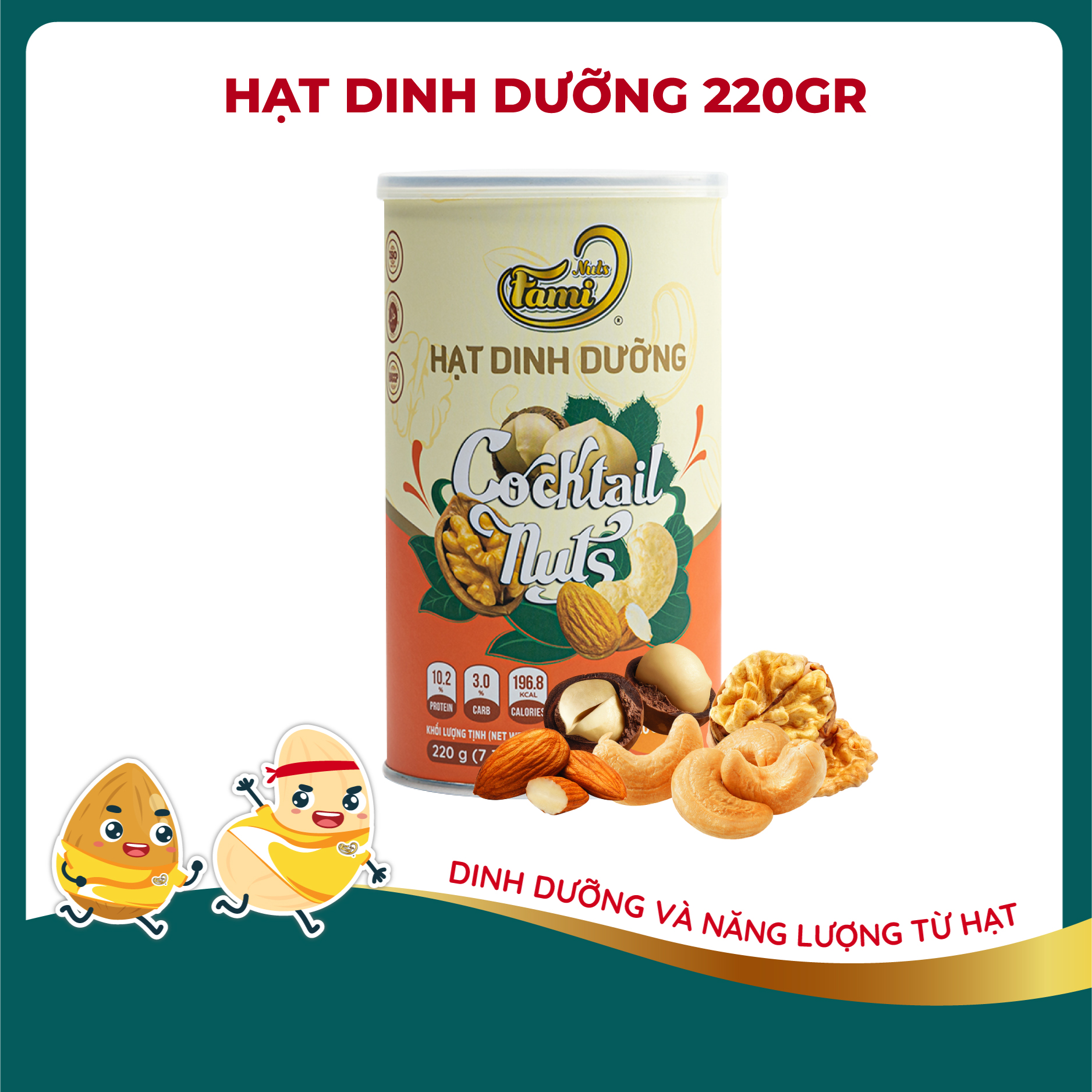 Mix 4 Hạt Dinh Dưỡng Nhập Khẩu(Nhân Óc Chó Mỹ + Hạnh Nhân Mỹ + Macca Úc + Hạt Điều A+ ) - Hũ Nắp Nhôm 220g - Hạt Dinh Dưỡng Cao Cấp FAMINUTS