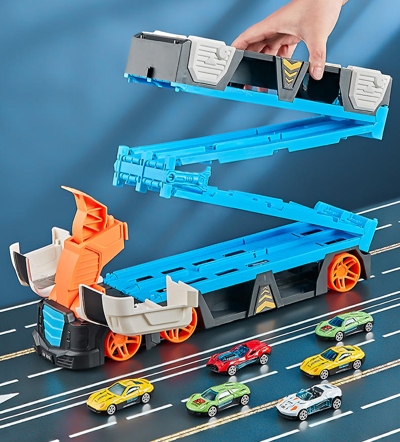 Đồ Chơi Xe Tải Container HotWheels Biến Hình Vận Chuyển Xe Ôtô Cỡ Lớn Cao Cấp Tặng Kèm 6 Xe Con Và Bệ Phóng.