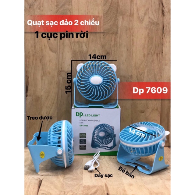 quạt để bàn mini HNdp 7609  tích điện kèm đèn nên vô cùng tiện dụng khi nhà bạn bị cúp điện hoặc gia đình bạn đi du lịch đều có thể mang theo