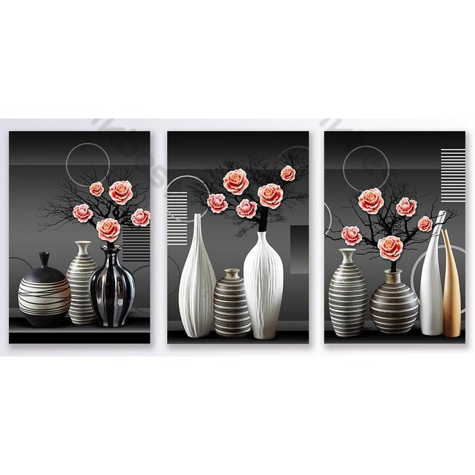Combo 3 tranh dán tường 3d, bình hoa tĩnh lặng trang trí phòng khách phòng ngủ hiện đại MS942396
