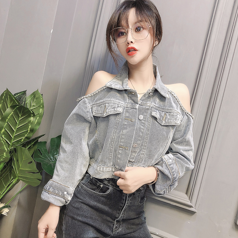 Hàng Quảng Châu - Áo sơ mi jean vai cut-out kết đá sang chảnh - A16263
