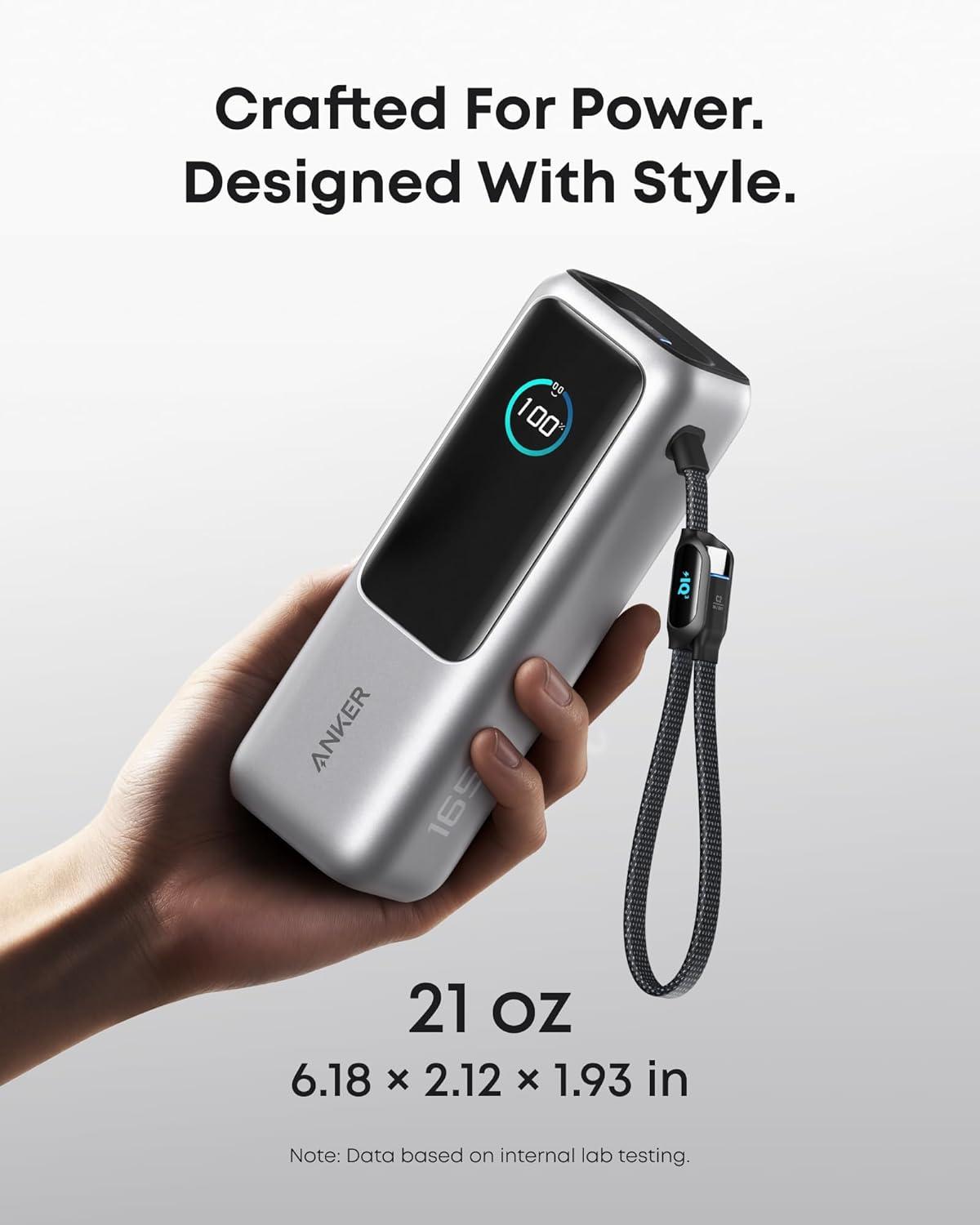 Sạc dự phòng Anker Zolo 1C1A 165W 25000mah (Built-In USB-C and Retractable Cable) Bạc (Silver) A1695 - Hàng Chính Hãng