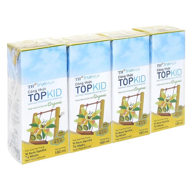 Lốc 4 hộp sữa tươi tiệt trùng TH true MILK Top Kid Organic có đường hương kem vanilla tự nhiên 180 ml (từ 1 tuổi)