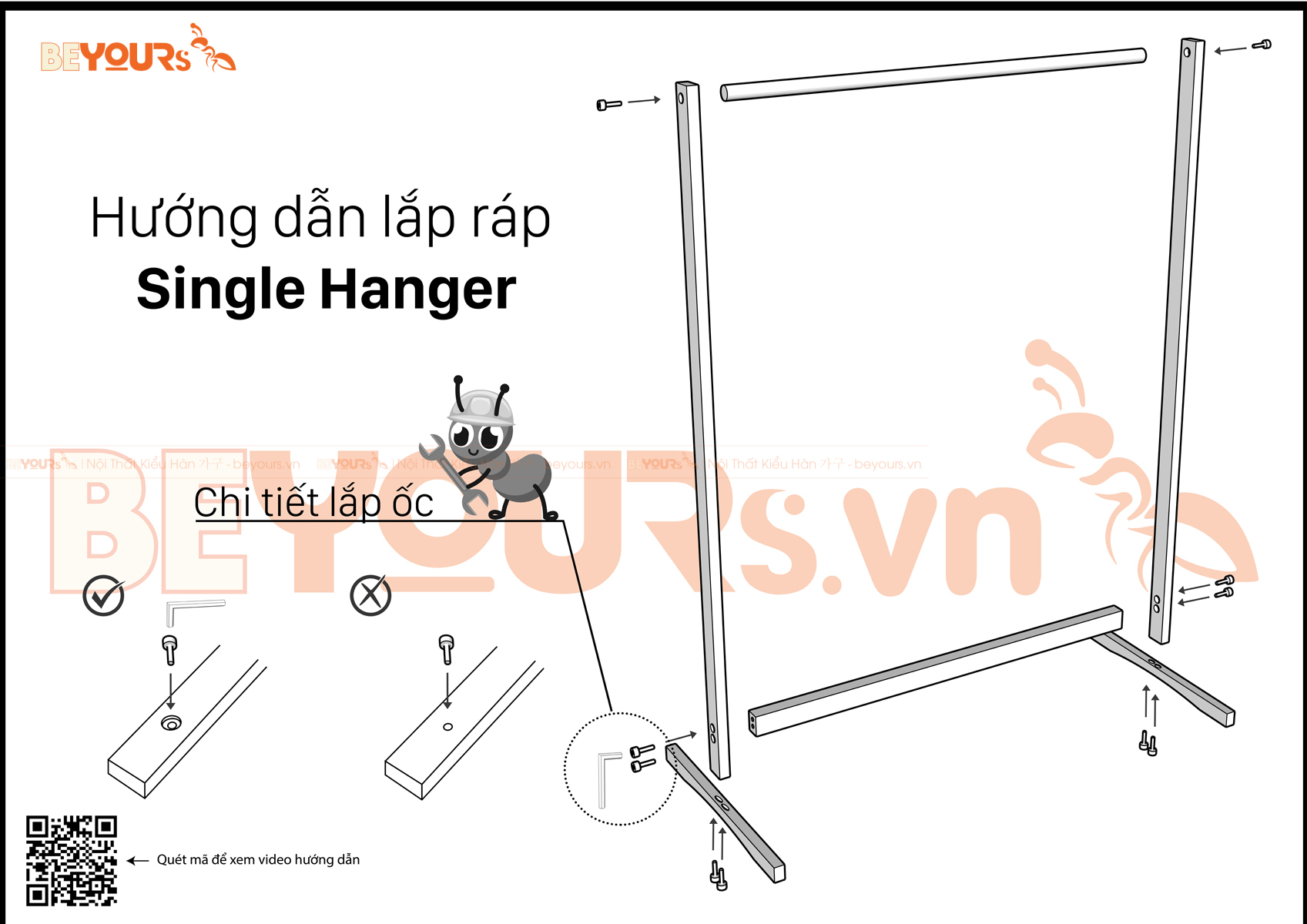 Giá Treo Quần Áo Gỗ BEYOURs - Kệ Gỗ Cây Sào Treo Single Hanger Size L Lắp Ráp Dễ Dàng - Nội Thất Phòng Ngủ - Trắng