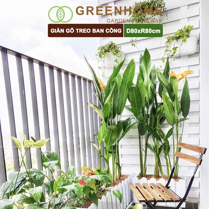 Giàn gỗ treo ban công, R80xC80cm, gỗ tràm siêu bền, màu trắng, làm khung hoa hồng leo, bông giấy |Greenhome