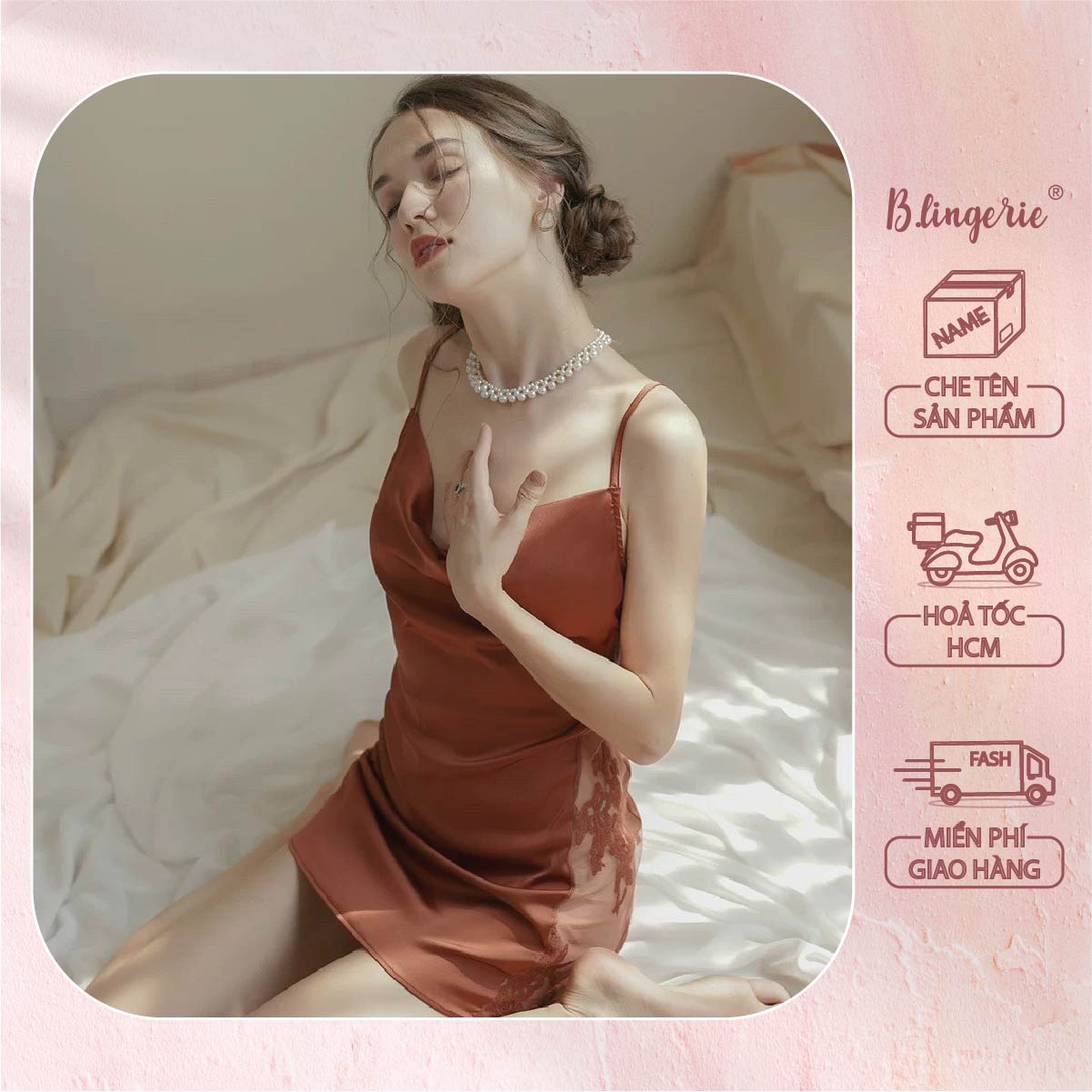 Váy Ngủ Lụa Phối Ren Hai Bên - B.Lingerie
