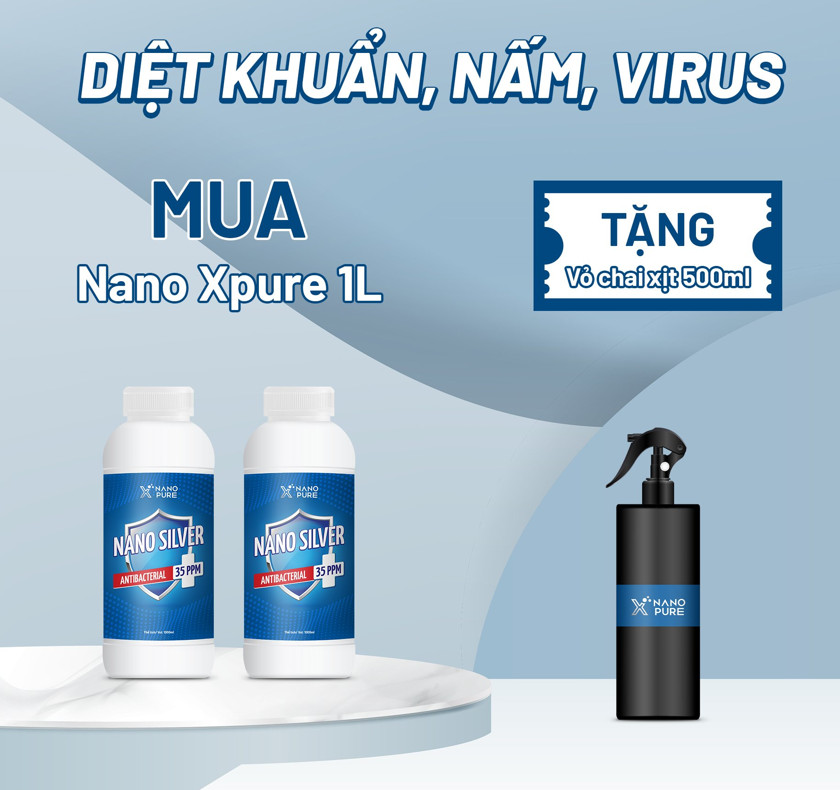 [COMBO1+1] Dung Dịch NANO BẠC DIỆT KHUẨN Nano Xpure Nano Silver 35ppm 1L + 1L (Không Mùi) - Diệt khuẩn, khử mùi, Không chứa cồn – Nano Bạc AHT Corp (AHTC) Tặng Kèm Bình Xịt 500ml