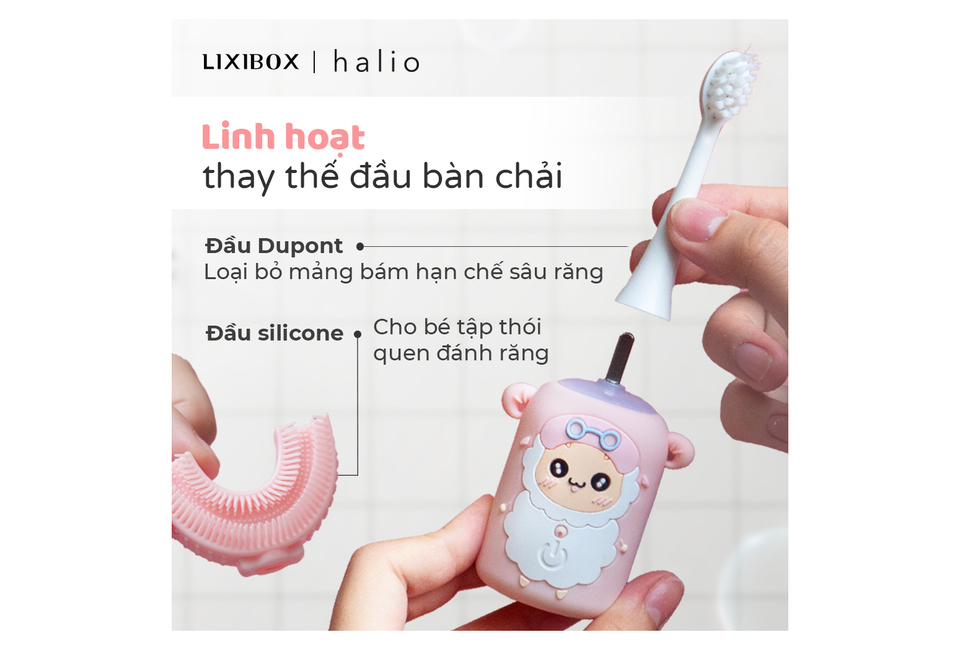 Combo Bàn Chải Đánh Răng Điện Chữ U Cho Bé Pink và Bàn chải điện Halio Rose Gold